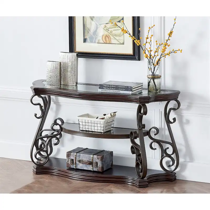 Glass Tabletop Sofa Table with Fixed Shelf