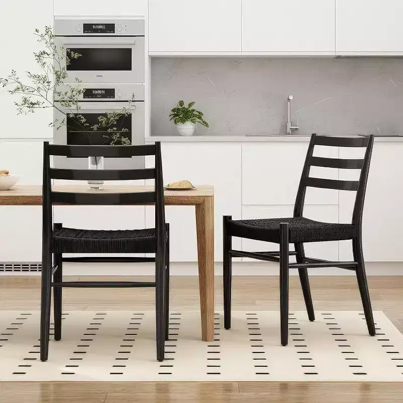 Okak Wooden Dining Room Chairs with Woven Seat, Fully-Assembled Metal Dining Chairs with Slat Back, Armless Chairs for Living Room