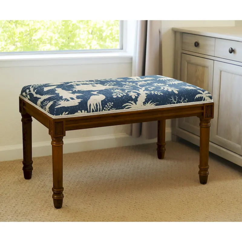 Blue Printed Linen Upholstered Bench with Wood Frame