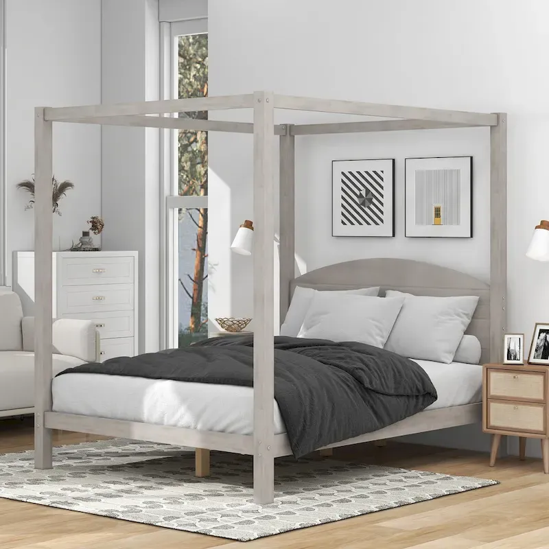 Pine Wood Canopy Platform Bed with Headboard, Support Legs, Wash Finish
