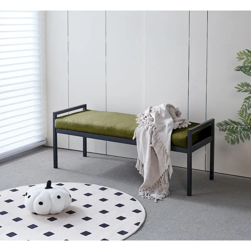 Upholstered Accent Bench, Teddy Fabric, Powder-Coated Steel Legs, Green / Off-White, 2-Person Use