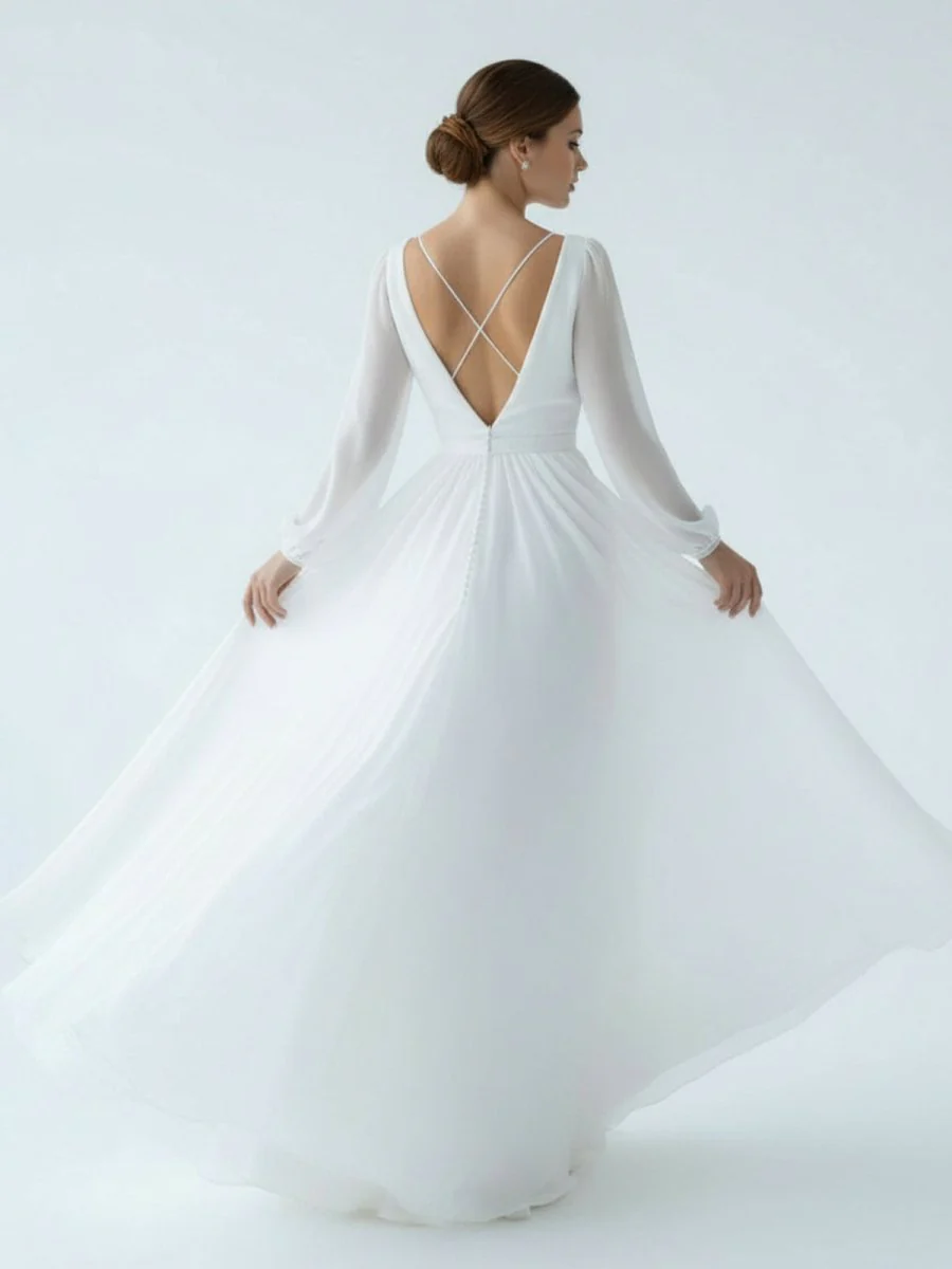 A-Line Illusion Neck Long Sleeves Sweep Train Organza Wedding Dresses