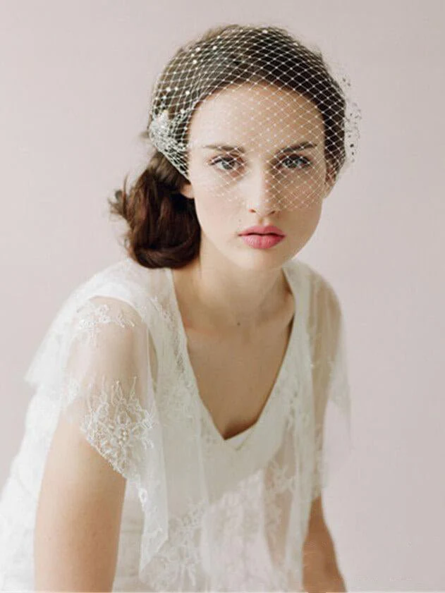 Ivory Mesh Birdcage Veils with Tiny Beads
