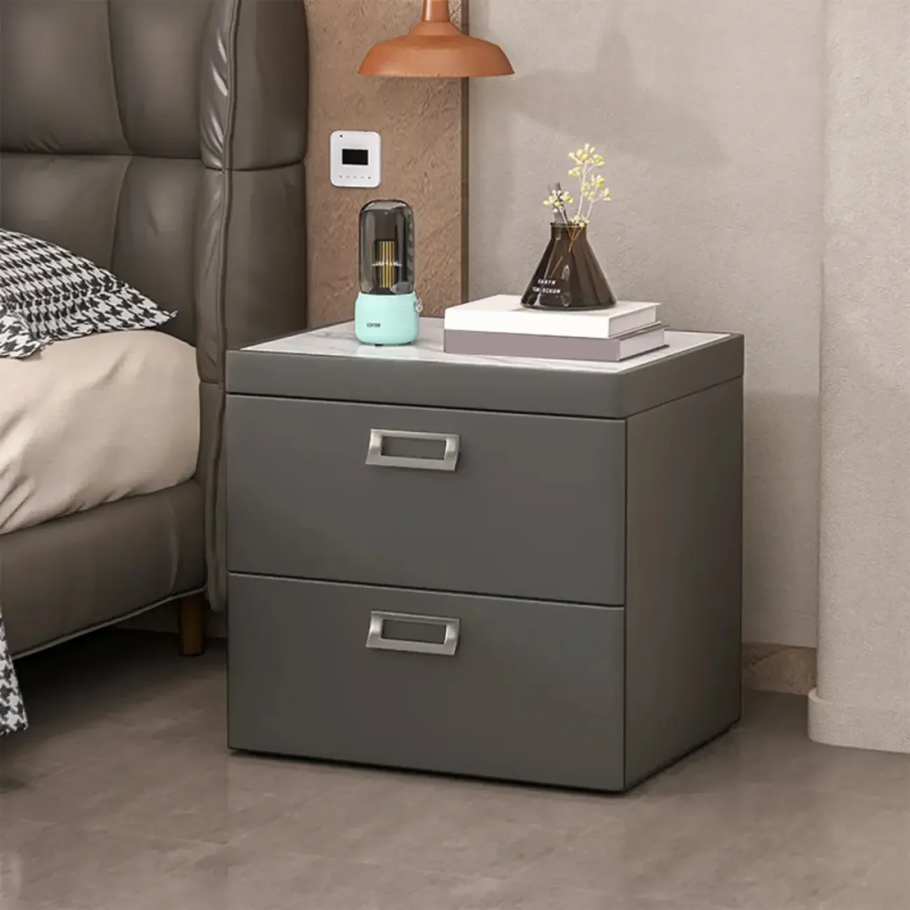 Modern Faux Leather 2 Drawers Nightstand with Stone Top