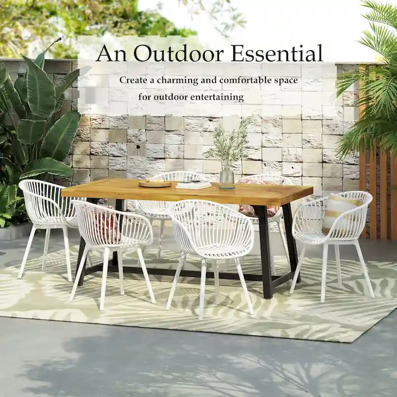 Patricia Outdoor 7-Piece Dining Sets Acacia Wood Table with Polypropylene Accent Chairs by Christopher Knight Home
