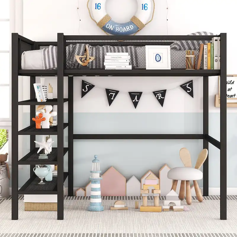 Black Full Size Metal Loft Bed with Shelves & Desk Space, 1-Person