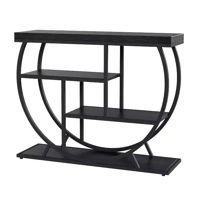 Industrial Farmhouse Console Table for Entryway - 39 Narrow Half-Circle Metal Frame, 3-Tier Storage Shelves - Living Room & Hallway Furniture Set