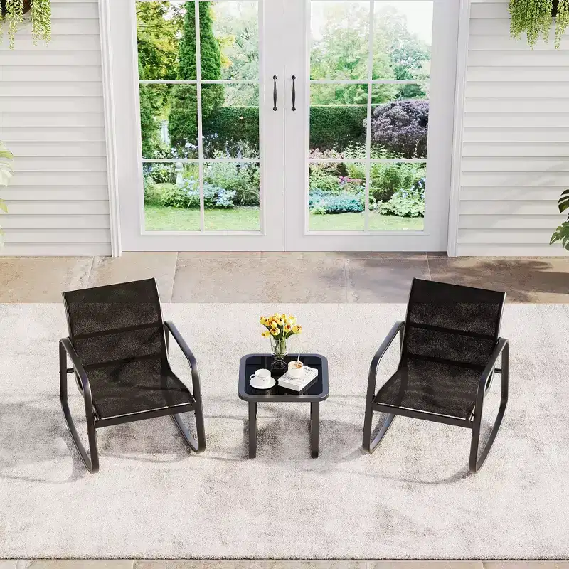 GustoWave 3-Piece Patio Bistro Set With Rocking Chairs, Textilene Mesh And Metal Frame