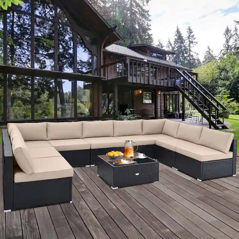 10 PCS Patio Rattan Furniture Set Wicker Sofa Table Cushioned Seat