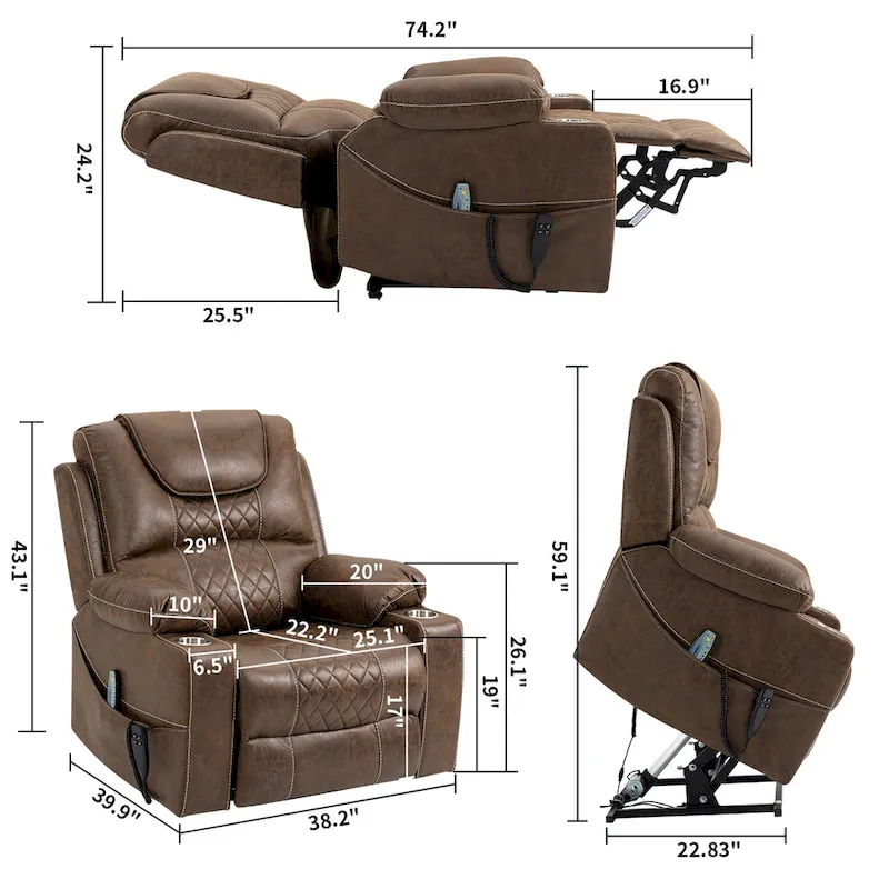 Brown PU Leather Power Lift Recliner with Massage and Heating - 400 lbs Capacity