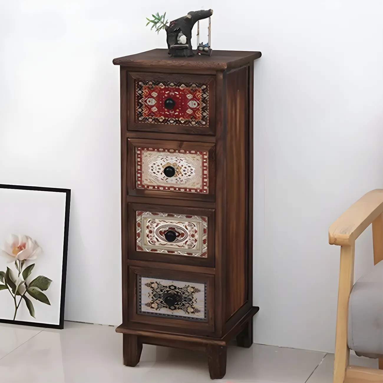 Industrial Rectangular Brown Wooden Drawer Cabinet