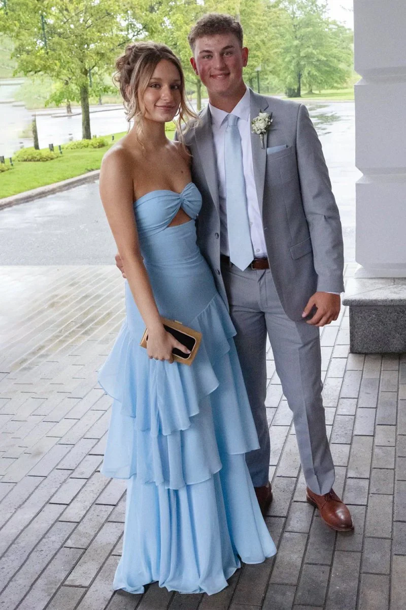 Blue - Sheath Strapless Chiffon Long Prom Dresses With Ruffles