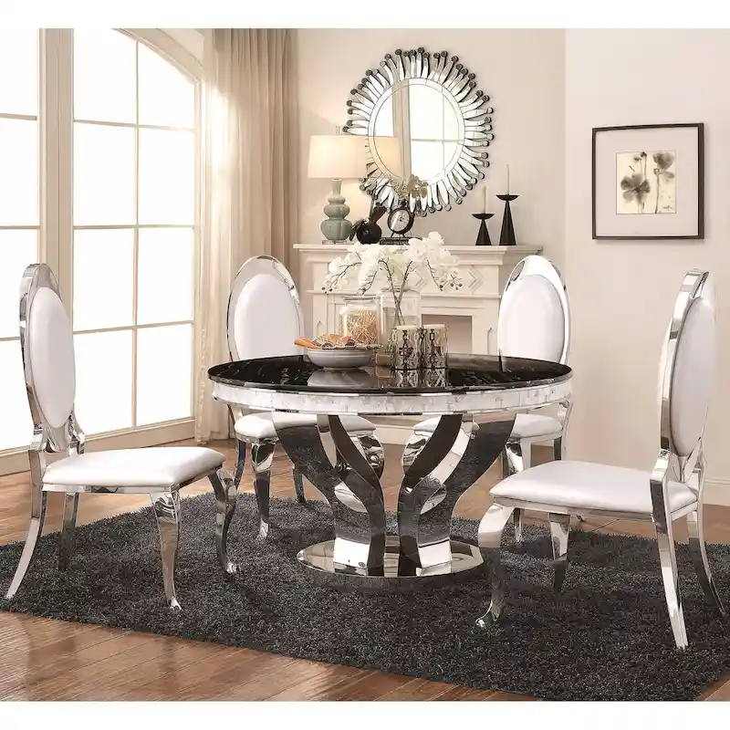 Round Marble Top Dining Table Set with Chrome Legs – Seats 4 to 6