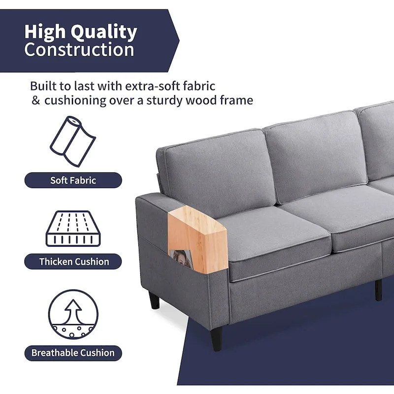 Mixoy 78inch Modern 3-Seat L Shaped Upholstered Sofa with Ottoman