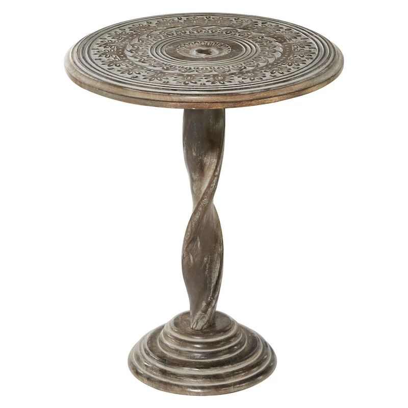 Mango Wood Floral Intricately Carved Side End Accent Table with Spiral Leg and Gray Distressing - Brown - Roche River Decor