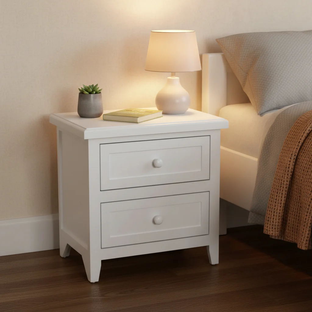 White Wood End Table - 2-Drawer Nightstand with Open Shelf, Contemporary Paulownia Wood Side Table, Fully Assembled, 21.3H Living Room