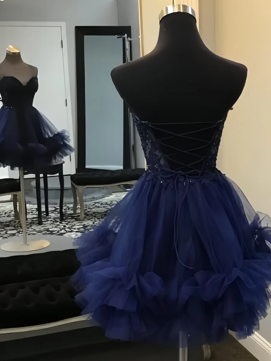 Navy Blue - A-Line Sweetheart Ruffle Tulle Homecoming Dress With Appliques