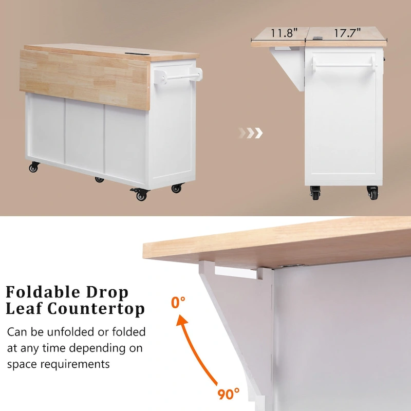 56.5 Kitchen Island with Drop Leaf and Charging Station, Rolling Kitchen Cart on Wheels with Drawers and Adjustable Shelves