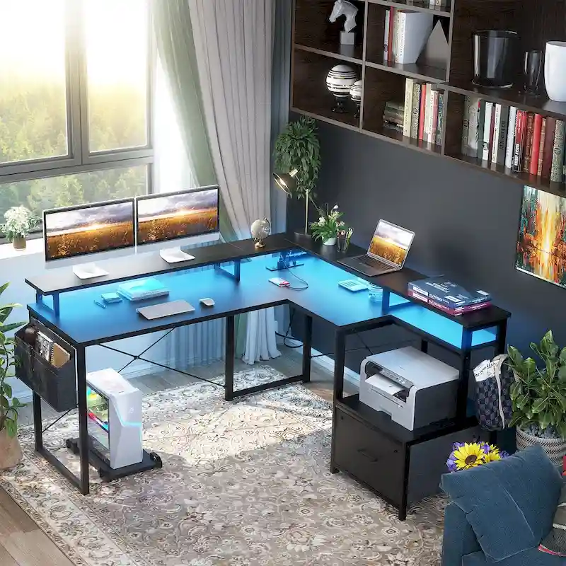 L Shaped Desk with File Drawer and Printer Stand, Reversible Corner Computer Desk with Power Outlet and LED Strip