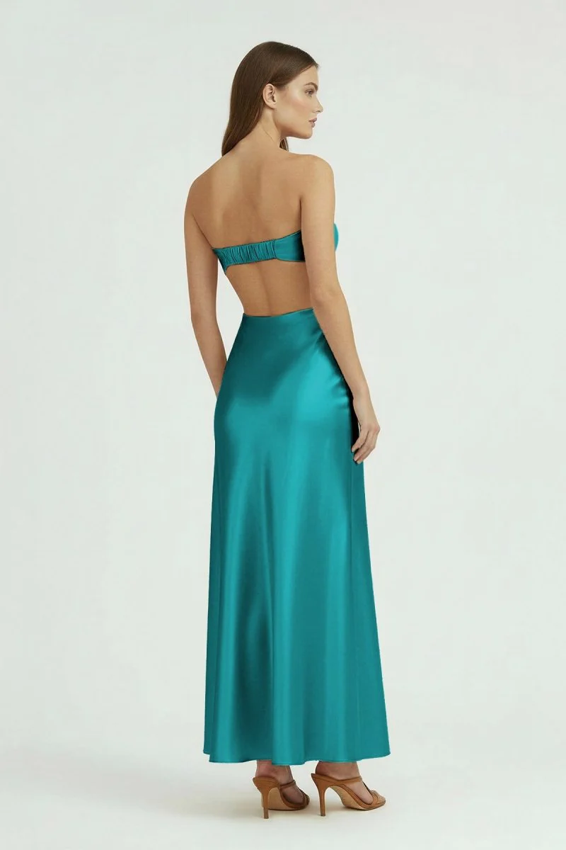 Aqua Strapless Sheath Satin Open Back Prom Dresses With Cutout