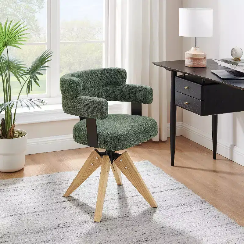 Art Leon Desk Chair No Wheels, Mid Century Modern Swivel Arm Chair, Fabric Upholstered Side Chair with Oak Wood Legs