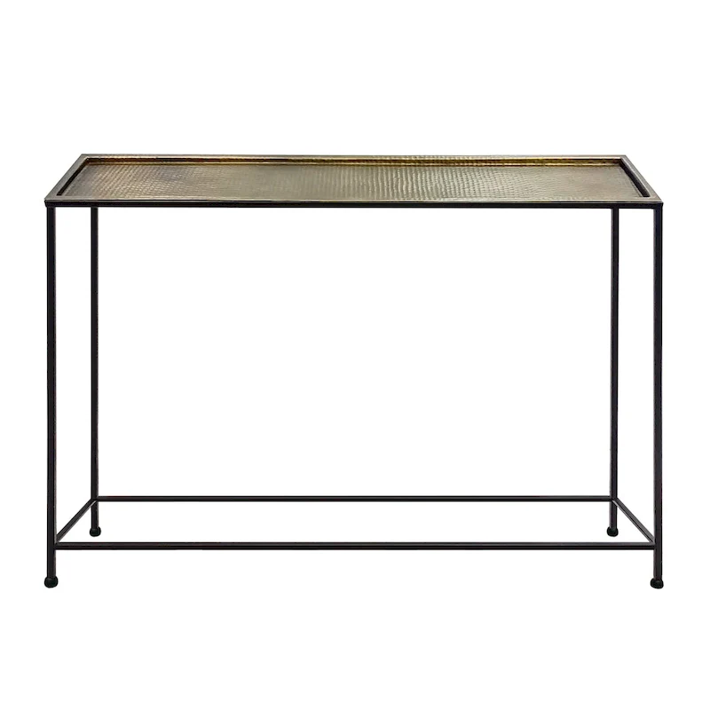 48 Inch Console Sofa Table with Hammered Antique Bronze Tray Top and Black Iron Frame