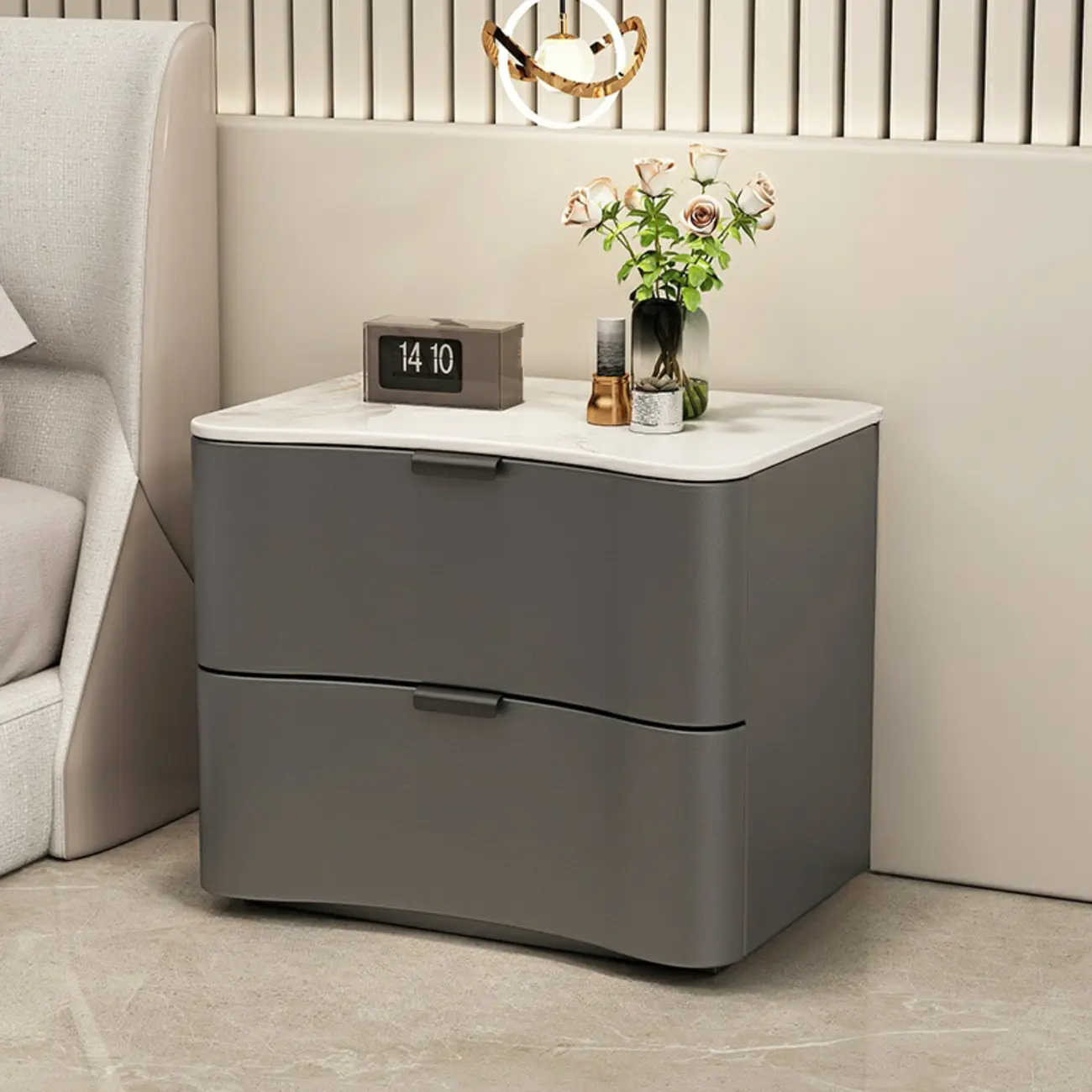 Modern Waved Stone Top Leather 2-Drawer Nightstand