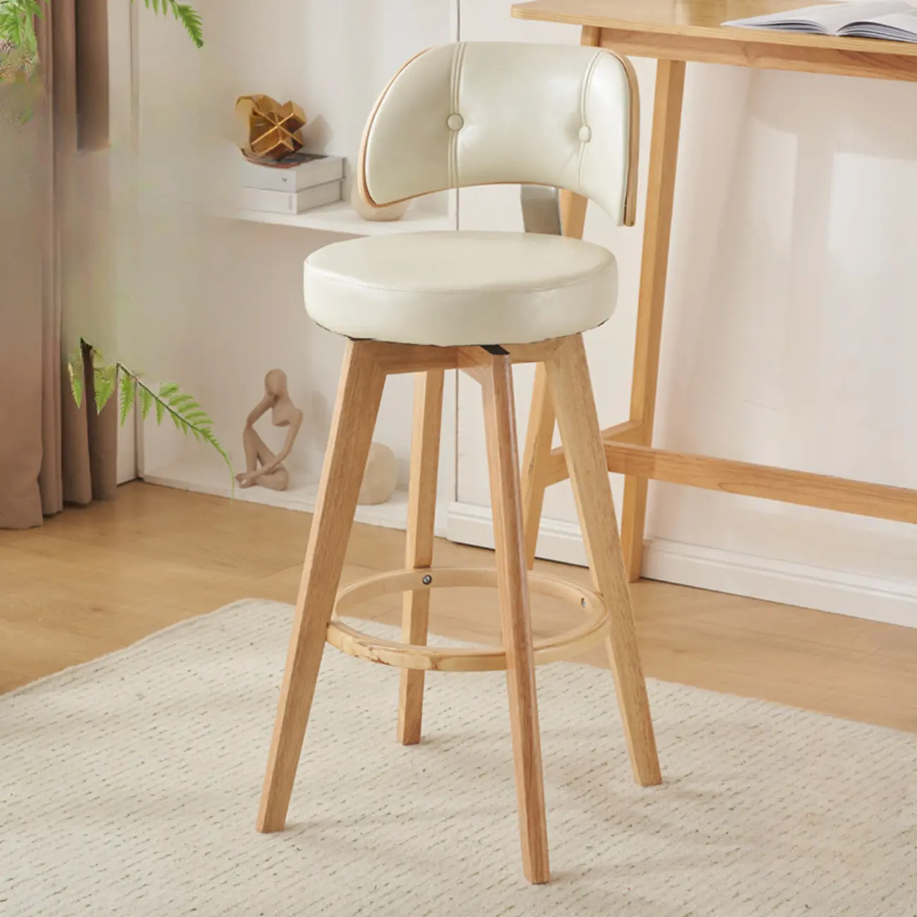 Natural Wood Round Leather Swivel Bar Stools