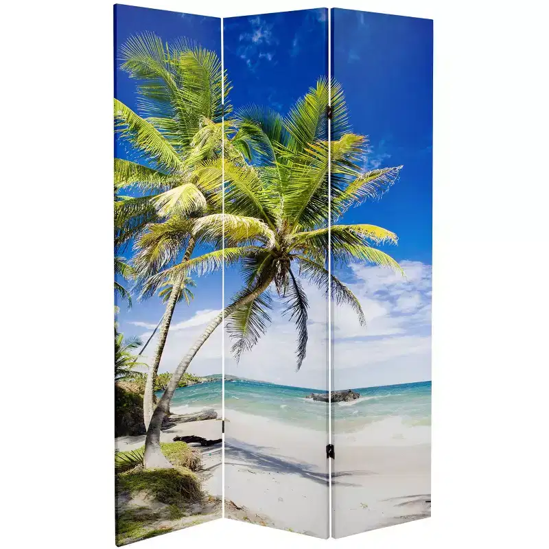 Oriental Furniture 6" Double Sided Sunset Palms Canvas Room Divider Blue: Freestanding, Foldable Partition, No Assembly Required