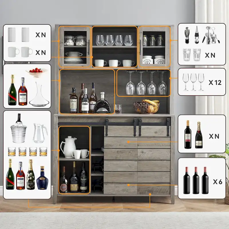 Farmhouse Wine Cabinet Kitchen Buffet with Wine Rack - 15.7D x 47.2W x 69.6H