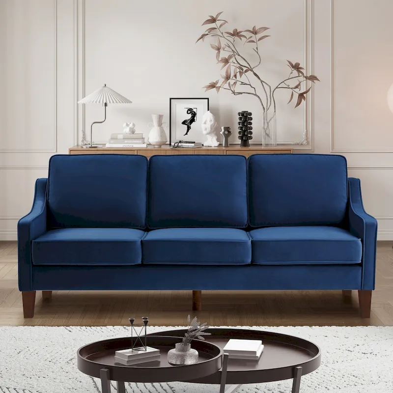 3-Seat Sofa with Scooped Armrest & Wood Legs – Navy / Black / Taupe, Velvet, Seats 3