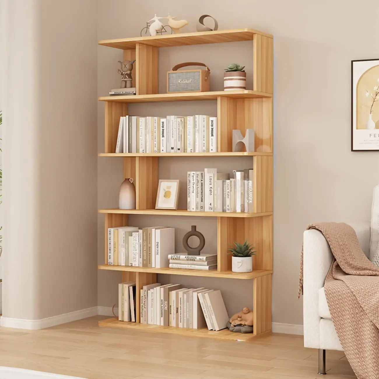 Mid-Century Vertical Walnut Wood Bookcase Open Back