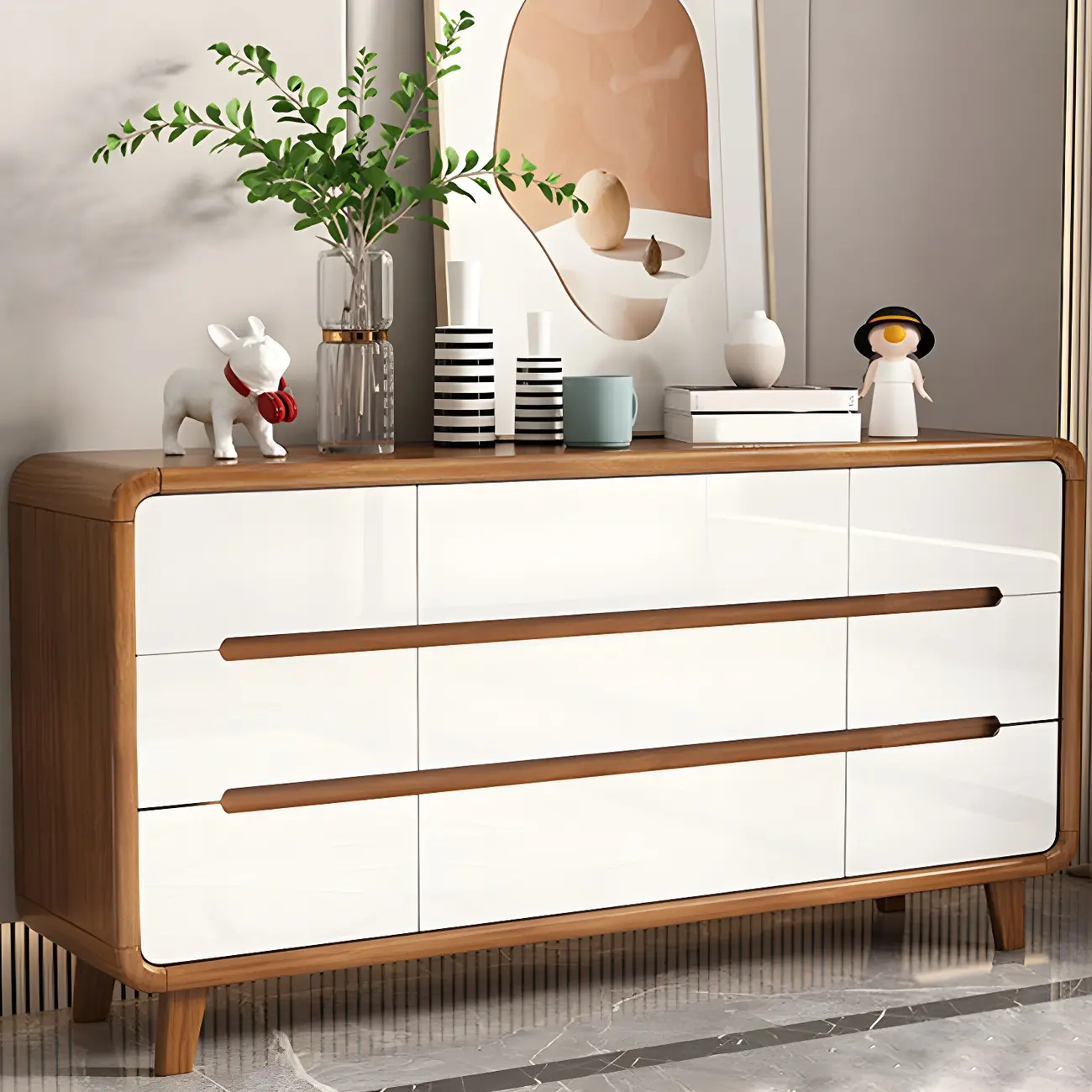 Traditional White-Brown Wooden Double Dresser Arched Edge