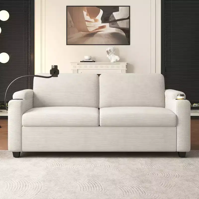 Whisen 72.8 Corduroy Sleeper Loveseat with Mattress, USB Ports & Storage