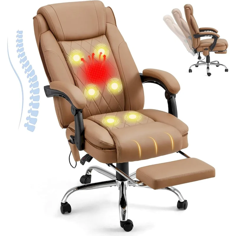 Ergonomic Heated Executive Office Chair with 2/4/6-Point Massage, Retractable Footrest, and PU Leather