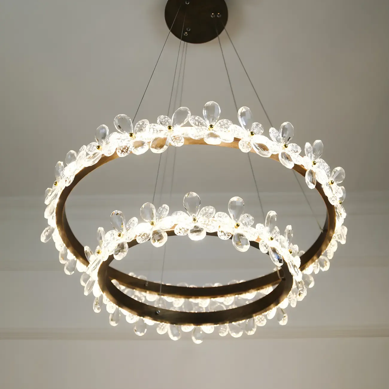 Modern Gold Dimmable LED Flower Crystal Ring Chandelier