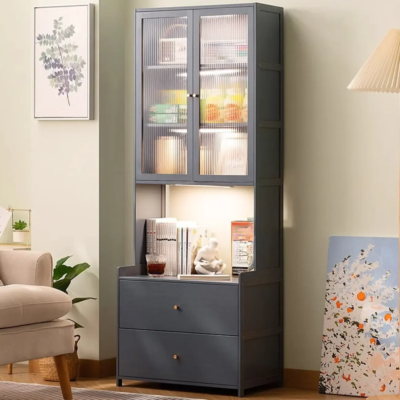 Modern Grey Bamboo 2 Drawers Bookcase with Doors