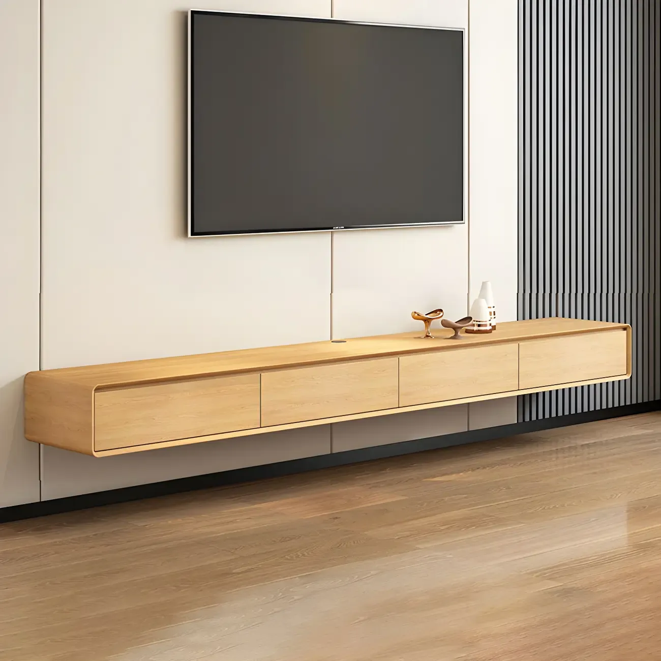 Natural Long Wood Floating TV Stand Media Consoles