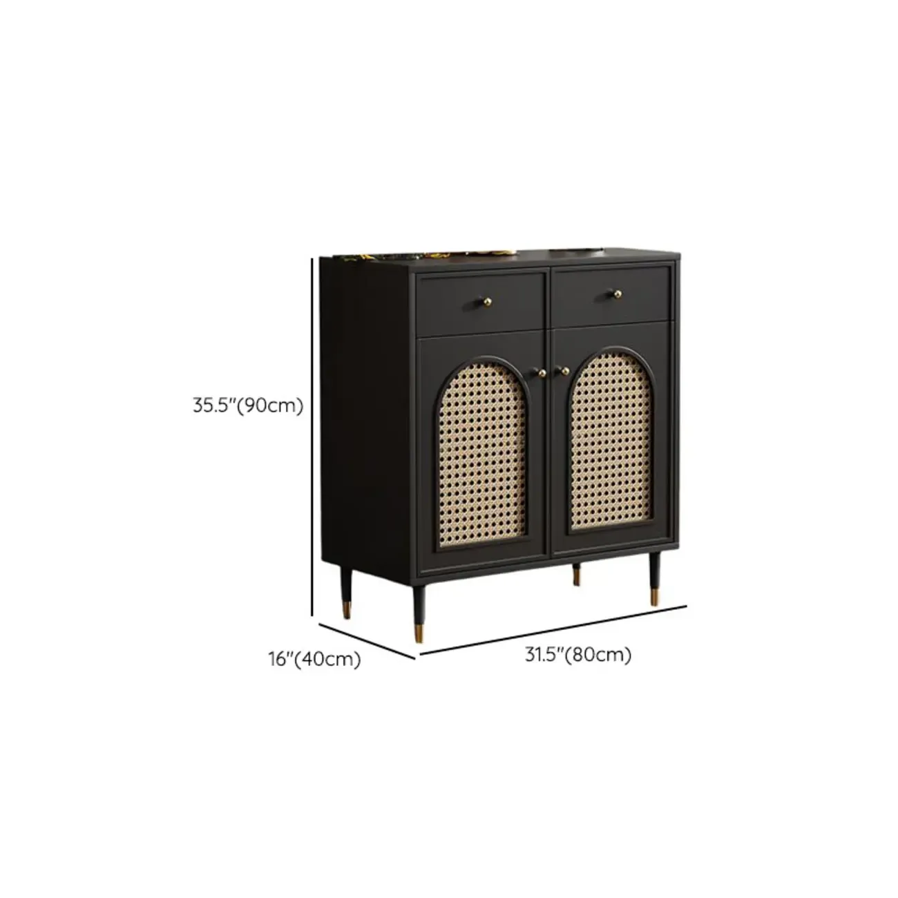 Traditional 3-Layer Rattan Wooden Black Sideboard Cabinet