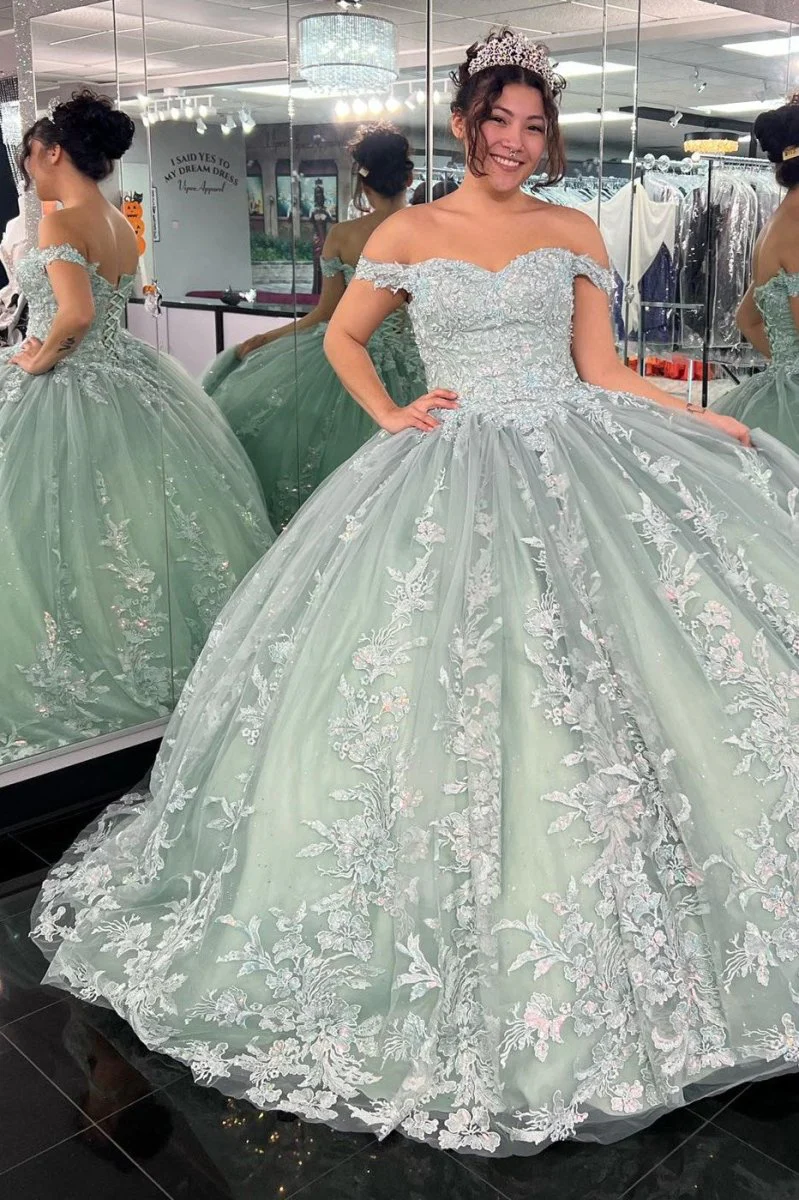 Off-the-Shoulder Dusty Sage Appliques With Lace Up Quinceanera Dress