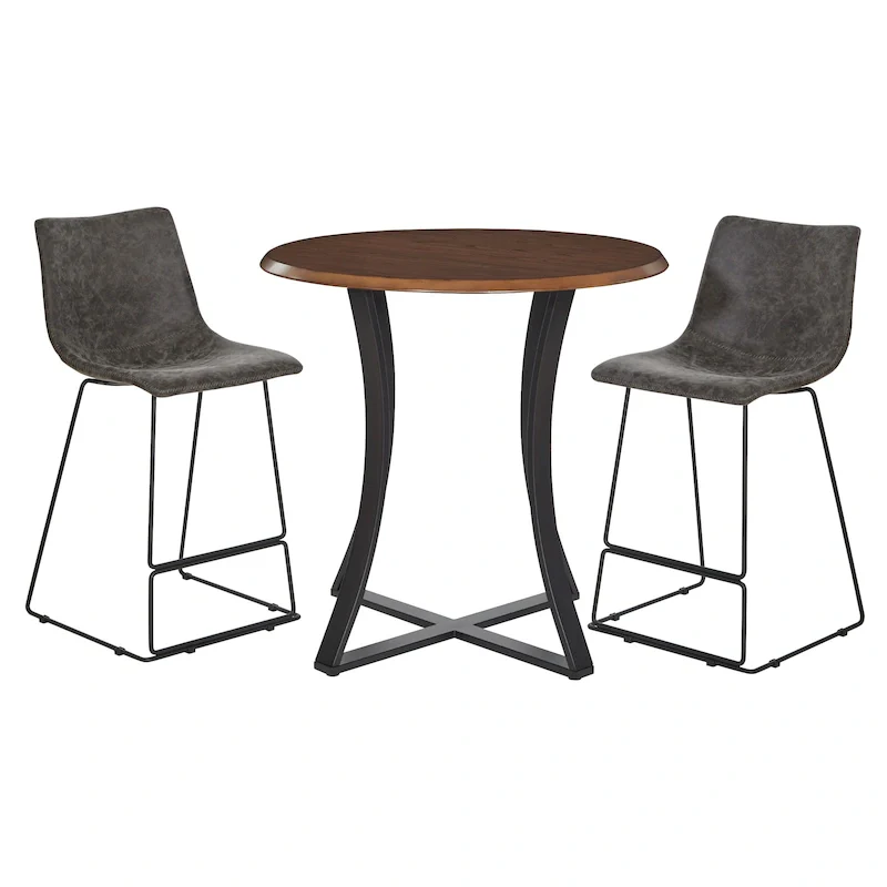3-Piece 36  Round Top Counter Height Dining Table with 2 Faux Leather Stools