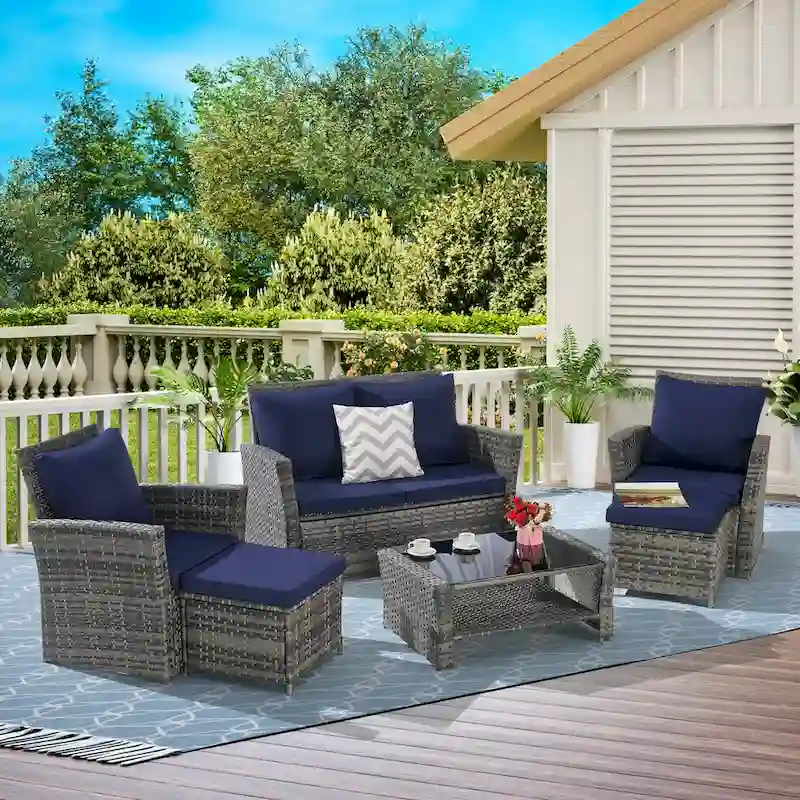 6 Piece Wicker Patio Furniture Sets with Tempered Glass Coffee Table & Ottoman