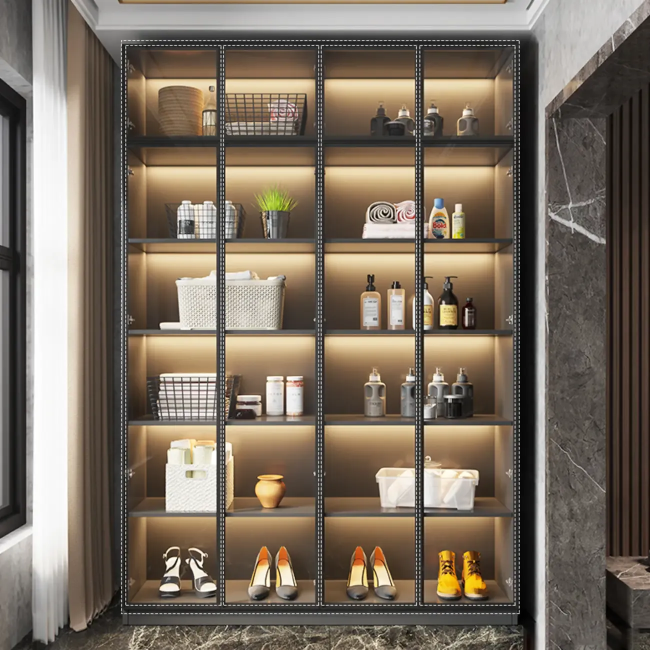 Freestanding Grey Wood Glass Display Cabinet with Light