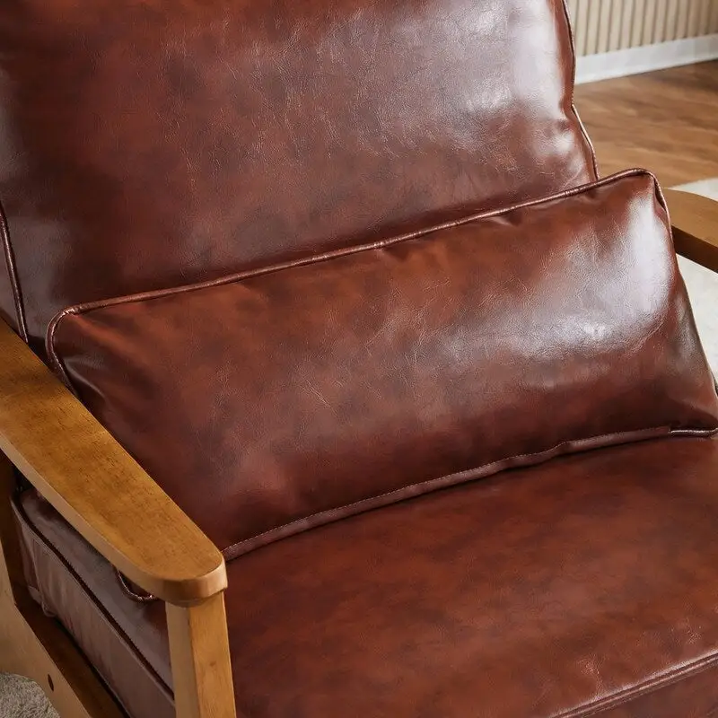 Upholstered Linen Blend Accent Chair with Wooden Legs and Pillow, Beige