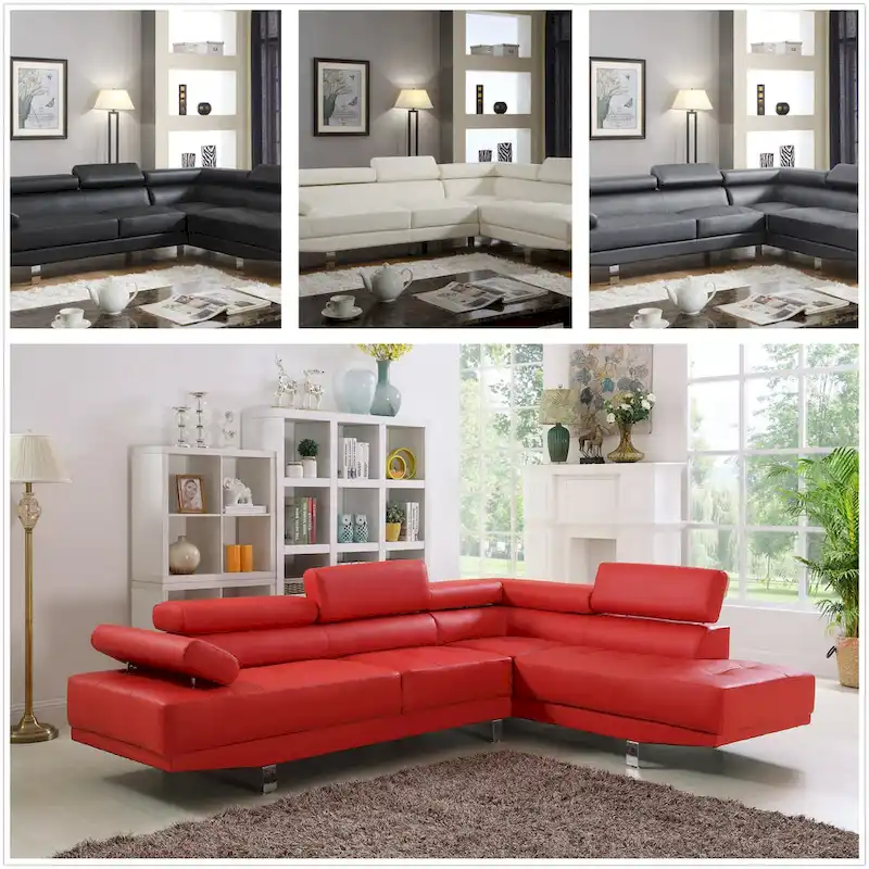 L-Shaped Faux Leather Sectional Sofa with Right-Facing Chaise, 2-Seat, White/Red/Black/Grey