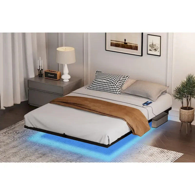 Modern Floating Bed with LED Lights, Charging Station & Metal Frame