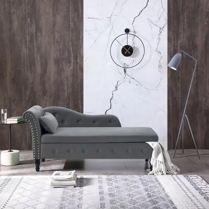 Grey Velvet Chaise Lounge Bench with Storage