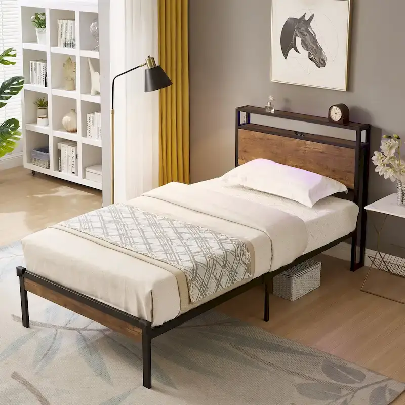 Black & Brown Metal Platform Bed with Wood Headboard & Footboard, Full Size, 1-Person