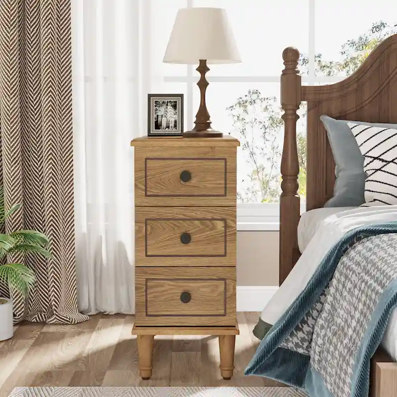 Solid Wood End Table with 3 Drawers, Fully Assembled Narrow Side Table