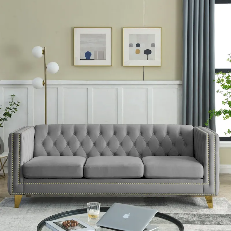 Velvet Upholstered 3 Seat Sofa, Classic Chesterfield Couch Buttons Tufted Square Arm Sofa with Nailheads and Metal Legs